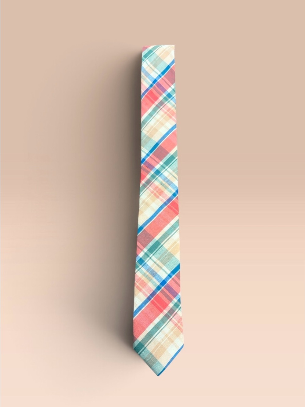 Penguin Brand Pastel Plaid Men's Cotton Thin Tie in Coral, Aqua & Cream